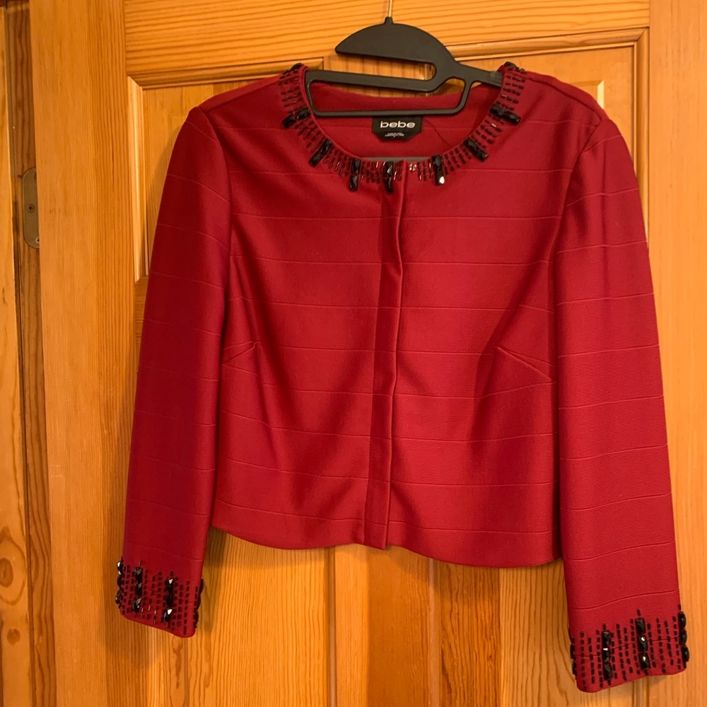 Bebe suit bolero hidden zip jacket w/ matching skirt  with black bead detailing
